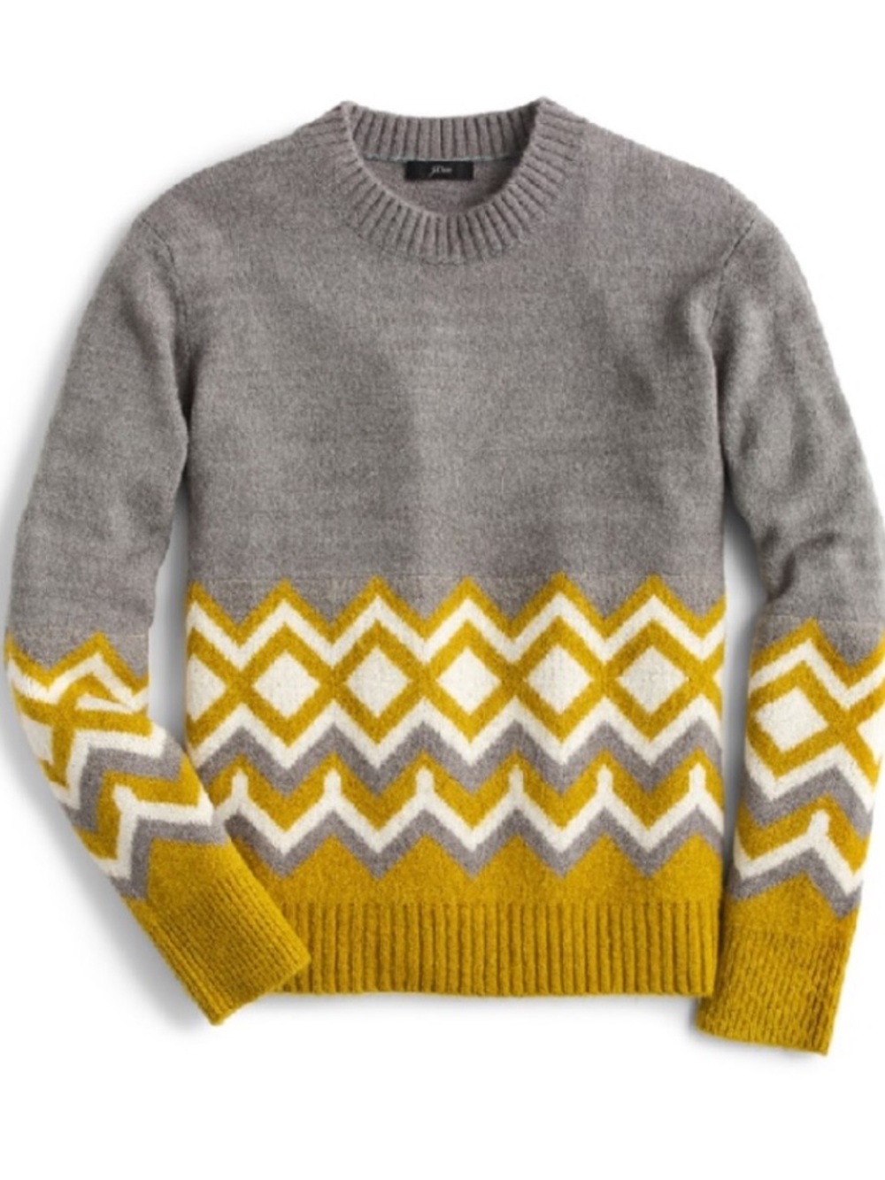 J. Crew Geometric Fair Isle Crewneck Sweater Sz small, oversized, gray, mustard